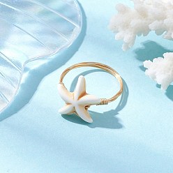 Желтая Старая Ткань  Синтетический бирюзовые перстни, морская звезда, женское кольцо из медной проволоки, старое кружево, ширина: 1.5 мм, звезды: 14x14 мм, внутренний диаметр: американский размер 8 3/4 (18.7 мм)