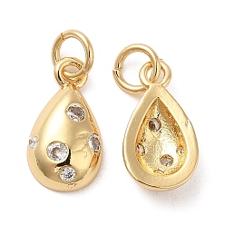 Real 18K Gold Plated Rack Plating Brass Micro Pave Clear Cubic Zirconia Charms, with Jump Ring, Long-Lasting Plated, Cadmium Free & Lead Free, Teardrop Charm, Real 18K Gold Plated, 14x7.5x3mm, Hole: 3mm