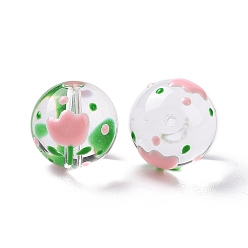 Flower Transparent Glass Beads, with Enamel, Round, Pink, Flower Pattern, 14~15x13~13.5mm, Hole: 1.5~1.6mm
