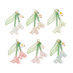 (52) Непрозрачная лаванда Стеклянные подвески из бисера, очарование цветка лилии, с акриловой фольгой и 304 нержавеющей сталью, золотые, разноцветные, 37x7.5~16.5x3~16.5 мм, Перейти кольцо: 5.8x0.8 мм, внутренний диаметр: 4.5 мм