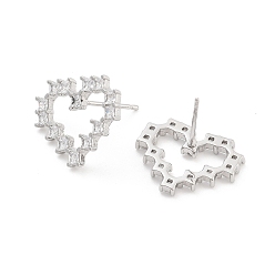 Платина Серьги-гвоздики в форме сердца из латуни с прозрачным кубическим цирконием для женщин, без кадмия и без свинца, долговечный, платина, 15x17 мм