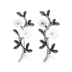 Белый Брошь в виде ветки и цветка из натуральной ракушки, сплав с отворотом со стразами для рюкзака, без свинца и без кадмия, античное серебро, белые, 54~55x22x13~16 мм, отверстие : 4x6 мм, штифты : 0.7 мм