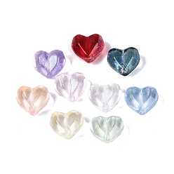 Mixed Color Transparent Glass Beads, Faceted, Heart, Dyed & Hearted, with Glitter Powder, Mixed Color, 12.5~13x14.5~15x9~9.5mm, Hole: 0.8~1.2mm, about 505pcs/1000g