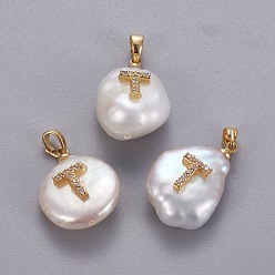 Letter T Подвески из натурального пресноводного жемчуга, с латунными микро проложить кубических выводы циркония, самородки с буквой, долговечный, золотые, прозрачные, letter.t, 17~27x12~16x6~12 мм, отверстие : 4x2.5 мм