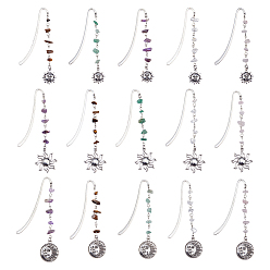 Mixed Stone 15Pcs 5 Color Sun Alloy Bookmark, with Natural Mixed Gemstone Chip, 107~116mm, 3pcs/color
