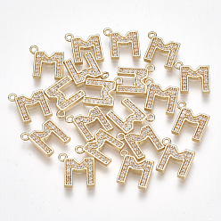 Letter M Brass Cubic Zirconia Charms, Letter, Clear, Real 18K Gold Plated, Letter.M, 10x9x1.5mm, Hole: 1mm