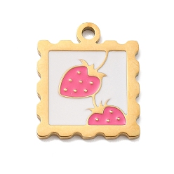 Клубника 304 нержавеющей стальной эмали подвески, реальный 18 k позолоченный, квадратный шарм, клубника, 19.5x16.5x1.5 мм, отверстие : 2 мм