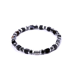 Banded Agate Natural Black Banded Agate(Dyed & Heated) Cube Beaded Stretch Bracelets for Women, with Synthetic Non-magnetic Hematite and Stainless Steel Beads, Stainless Steel Color, 7.09 inch(18cm)~7.28 inch(18.5cm)