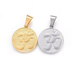 Mixed Color 304 Stainless Steel Pendants, Flat Round with Om Symbol, Mixed Color, 28.5x25x2.5mm, Hole: 11x6mm