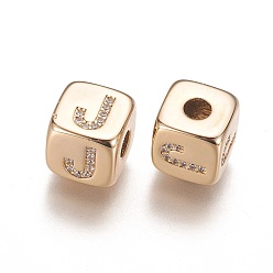 Letter J Brass Micro Pave Cubic Zirconia Beads, Horizontal Hole, Real 18K Gold Plated, Long-Lasting Plated, Cube with Letter, Clear, Letter.J, 9x9x9mm, Hole: 3.5mm