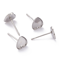 Stainless Steel Color Non-Tarnish 304 Stainless Steel Stud Earring Settings, Heart, Stainless Steel Color, 7x7x1mm, Tray: 6x5mm, Pin: 0.8mm