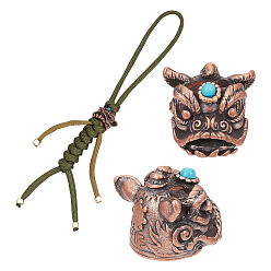 Красная Медь Открытый инструмент для повседневного использования латунный парашютный трос европейские бусины, с синтетическими бирюзовый, бусины с большим отверстием, танец льва, Красная медь, 17x20.5x19 мм, Отверстие : 4 мм & 4.5 мм