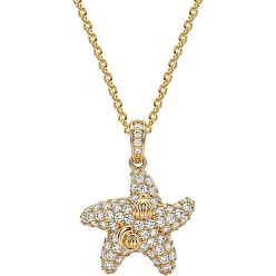 Starfish Summer Beach Brass Micro Pave Clear Cubic Zirconia Sea Animals Pendant Necklaces, Golden, Starfish, 15.75~17.72 inch(40~45cm)