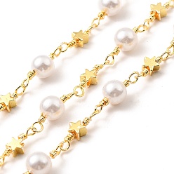 Real 18K Gold Plated Glass Pearl Round Beaded Chain, with Brass Star Link Chains, Lead Free & Cadmium Free, Soldered, with Spool, Real 18K Gold Plated, 13.5x4x2.5mm, 15.5x5.5