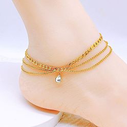 Teardrop 304 нержавеющая сталь, хрустальные стразы 3 многослойные браслеты для женщин, золотые, слеза, 8-5/8 дюйм (220 мм)