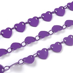 Фиолетовый Латунные звенья, окрашенные распылением, с катушкой, пайки, сердце, фиолетовые, Сердце: 6x6.5x0.4 mm, ссылка: 4x3x0.5 mm, 32.8 футов (10 м) / рулон