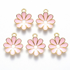 Pink Alloy Enamel Pendants, Flower, Light Gold, Pink, 19x16x3.5mm, Hole: 1.8mm