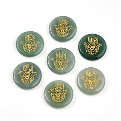 Зеленый Авантюрин Естественный зеленый авантюрин кабошонов, плоский круглый с золотой металлической оплеткой в виде руки хамсы, 24.5~25.5x5~7.5 мм