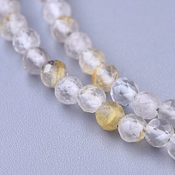 Rutilated Quartz Natural Rutilated Quartz Beaded Necklaces, with Brass Lobster Claw Clasps, Faceted Round Beads, 16.5 inch~16.7 inch(42~42.5cm)x3~3.5mm