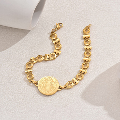 Золотой 201 плоские круглые браслеты из нержавеющей стали с поперечными связями, браслеты Saint Benedict Link для мужчин, золотые, 3/4 дюйм (2 см), внутренний диаметр: 7-7/8 дюйм (20 см)