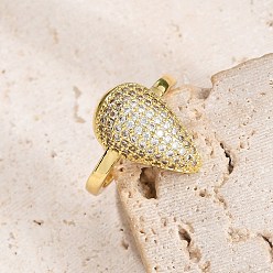 Настоящее золото 18K Кольца-манжеты для женщин с покрытием из латуни с микропаве из прозрачного кубического циркония, долговечный, слеза, реальный 18 k позолоченный, слеза: 18x11 мм