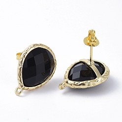 Golden Brass Stud Earring Findings, with Loop, Jet Rhinestone and Ear Nuts, Teardrop, Golden, 16.5~17x12.5x5.5mm, Hole: 1.5mm, Pin: 0.7mm