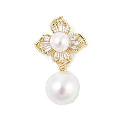 Настоящее золото 18K Латунные микро проложить кубического циркония подвески, цветок, с abs имитационными жемчужными бусинами , стойки покрытие, долговечный, без кадмия и без свинца, реальный 18 k позолоченный, 28.5x16x9.5 мм, отверстие : 4x2.5 мм