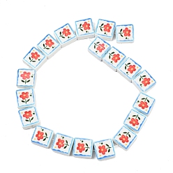 Красный Печатные ручной фарфоровые бусы, площадь с цветочным узором, красные, 15~15.5x15~15.5x7.5~8 мм, отверстие : 2 мм