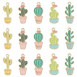 Mixed Color Alloy Enamel Pendants, Cactus Charms, Light Gold, Mixed Color, 22.5x9.5~10x1.5mm, Hole: 1.7mm, 40Pcs/Set