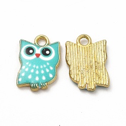 Средний Бирюзовый Печатные подвески сплава, без свинца, без кадмии и без никеля, очарование совы, золотые, средне бирюзовый, 15x10.5x2 мм, отверстие : 1.8 мм
