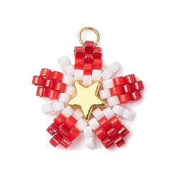 Красный Подвески-звезды из стеклянного бисера, с 304 петлей из соединительных колец из нержавеющей стали и латунной звездой, красные, 22x20x3 мм, отверстие : 2.5 мм