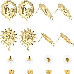 Golden 4 Pairs 2 Style Brass Stud Earring Findings, with Loop and Cubic Zirconia, Sun & Moon, Golden, 23x18.5~20x3~4mm, Hole: 1.6mm, Pin: 0.7~1mm, 2 pairs/style
