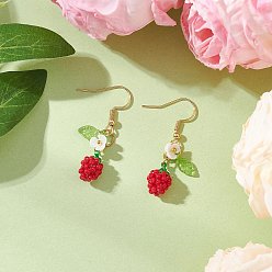 Красный Серьги-подвески в форме яблок из стеклянного бисера ручной работы, с акриловым листом и цветком из смолы и 304 крючками для сережек из нержавеющей стали, золотые, красные, 40x7.5 мм