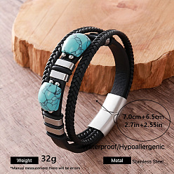 Stainless Steel Color Vintage European-style 304 Stainless Steel Multi-Strand PU Leather Cord Bracelets with Magnetic Clasps for Women and Men, Black, Stainless Steel Color, Inner Diameter: 2.76 inch(7cm)