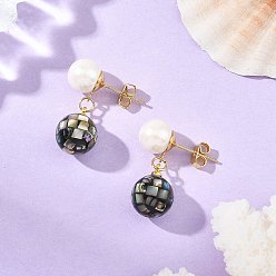 Golden 304 Stainless Steel Stud Earrings, Round, Abalone Shell Beads and Shell Pearls Beads Dangle Earrings, Golden, 25x10.5mm