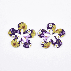Indigo Pu-Leder große Anhänger, doppelseitiges Gänseblümchenmuster, Blume, Indigo, 50x51x2 mm, Bohrung: 1 mm