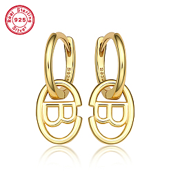 Letter B Серьги-кольца из настоящего 18k позолоченного 925 стерлингового серебра, серьги-подвески с буквенными буквами, с печатью s925, В письме, 20x8.5 мм