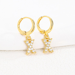 Letter X Латунные серьги-кольца из прозрачного кубического циркония, золотые, Письмо X, 25x8 мм