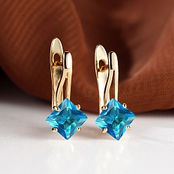 Темно-Голубой Серьги-кольца с ромбами из латуни и микропаве из кубического циркония, золотые, глубокое синее небо, 17x13 мм