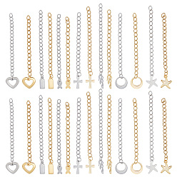 Золотой & Цвет Нержавеющей Стали 28 шт. 14 стиль 304 удлинитель цепи из нержавеющей стали, бордюрная цепь с 202 подвесками из нержавеющей стали для концевых цепей, крест и кольцо и морская звезда и прямоугольник, золотые и нержавеющая сталь цвет, 59~71 мм, 2 шт / стиль