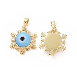 Light Sky Blue Handmade Evil Eye Lampwork Pendants, with Real 18K Gold Plated Tone Brass Findings, Snowflake Charm, Light Sky Blue, 15x16x4mm, Hole: 4x6.5mm