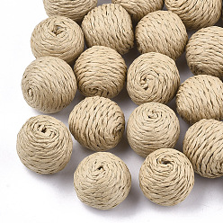 BurlyWood Handmade Woven Beads, Paper Imitation Raffia Covered with Wood, Round, BurlyWood, 21~23x20~22mm