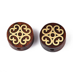 Плоский Круглый Натуральные сандаловые бусины и латунные бусины, неокрашенными, плоско-круглые, 14~14.5x5.9~7.1 мм, отверстие : 1.8 мм