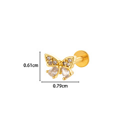 Золотой Бабочка 316l хирургическая нержавеющая сталь прозрачный кубический цирконий 17 калибр лабреты с внутренней резьбой, пирсинг украшения для женщин мужчин, золотые, 8 мм, штифты : 1.2 мм