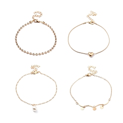 Light Gold 4 шт. 4 стильные браслеты из сплава на цепочке с плоским круглым сердцем и подвеской из жемчуга из смолы, прозрачные кубические циркониевые теннисные ножные браслеты для женщин, золотой свет, 8.27~9.06 дюйм (21~23 см)