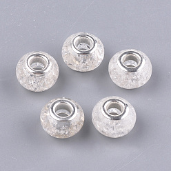 Clear Crackle Resin European Beads, Large Hole Beads, with Silver Color Plated Brass Cores, Rondelle, Clear, 13.5~14x8.5~9mm, Hole: 5mm