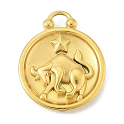 Телец Настоящие 18позолоченные тона 304 из нержавеющей стали, плоский круглый с шармом созвездий, Телец, 20.5x17x3 мм, отверстие : 2.5x2.5 мм