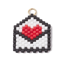 Красный Подвески-конверты в форме сердечек из бисера, подвески из стеклянных бусин с узором ткацкого станка, с 304 кольцами из нержавеющей стали, красные, 18x17.5x2 мм, отверстие : 2.5 мм