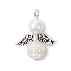 Античный Серебристый & Платиновый 50шт. подвески из искусственного акрилового жемчуга и стеклянного жемчуга, с бусинами сплава, ангельские прелести, старинное серебро и платина, 27x22x10 мм, отверстие : 4 мм