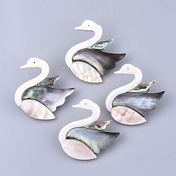 Misty Rose Shell Brooches/Pendants, with Iron Findings, Swan, Platinum, Misty Rose, 47~48x42~46x13~14mm, Hole: 6.5mm, Pin: 0.6mm